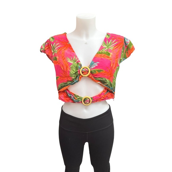 Anthropologie x Farm Rio Cut-Out Crop Top  Linen Tropical Print Medium - Picture 1 of 10